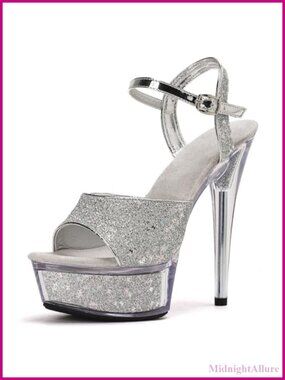 Glitter Platform Stiletto Heeled Sandals Cross Ankle Buckle Round Toe